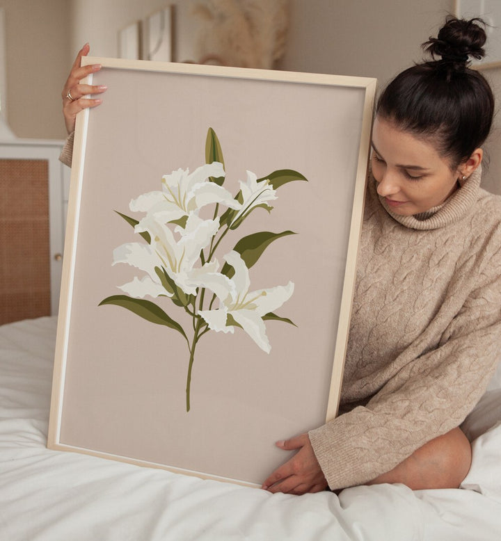 Captivating WHITE LILIES I, FLORAL FLOWER PAINTINGS showcased in a cozy setting, perfect for elegant home decor.