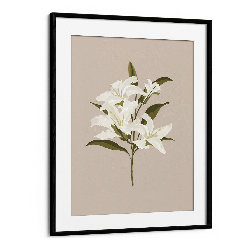 Elegant WHITE LILIES I, FLORAL FLOWER PAINTINGS in a sleek black frame, perfect for enhancing your living space.