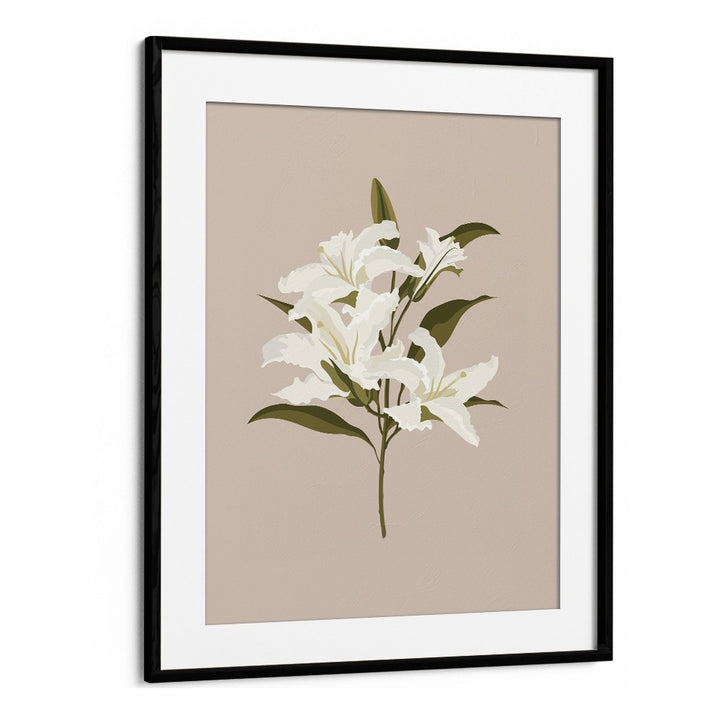 Elegant WHITE LILIES I, FLORAL FLOWER PAINTINGS in a sleek black frame, perfect for enhancing your living space.
