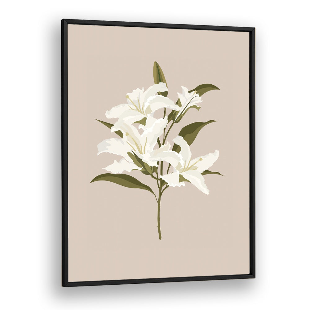 Elegant WHITE LILIES I, FLORAL FLOWER PAINTINGS in a sleek black frame, perfect for enhancing any room's decor.