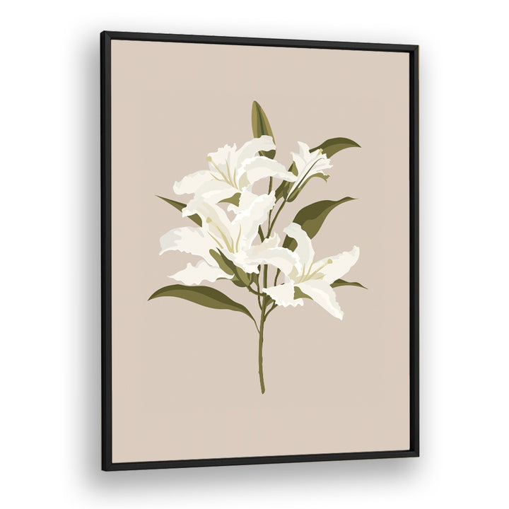 Elegant WHITE LILIES I, FLORAL FLOWER PAINTINGS in a sleek black frame, perfect for enhancing any room's decor.