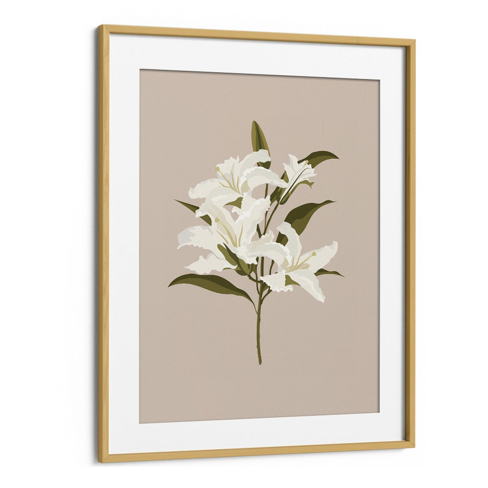 Captivating WHITE LILIES I, FLORAL FLOWER PAINTINGS in an elegant oak wood frame, perfect for sophisticated decor.
