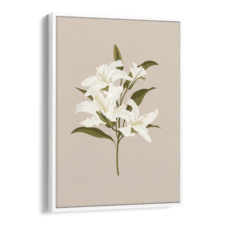 Elegant WHITE LILIES I, FLORAL FLOWER PAINTINGS in a white floater frame, perfect for enhancing your living space.