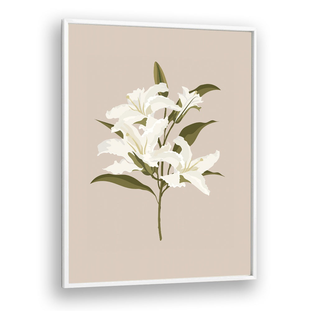 Captivating WHITE LILIES I, FLORAL FLOWER PAINTINGS in a sleek frame, perfect for enhancing any elegant space.