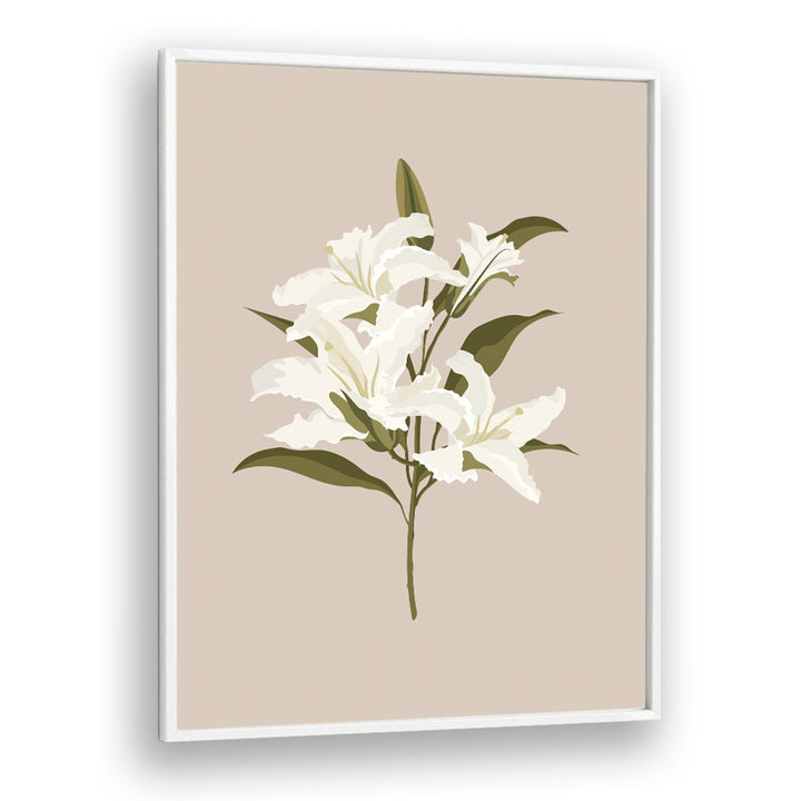 Captivating WHITE LILIES I, FLORAL FLOWER PAINTINGS in a sleek frame, perfect for enhancing any elegant space.