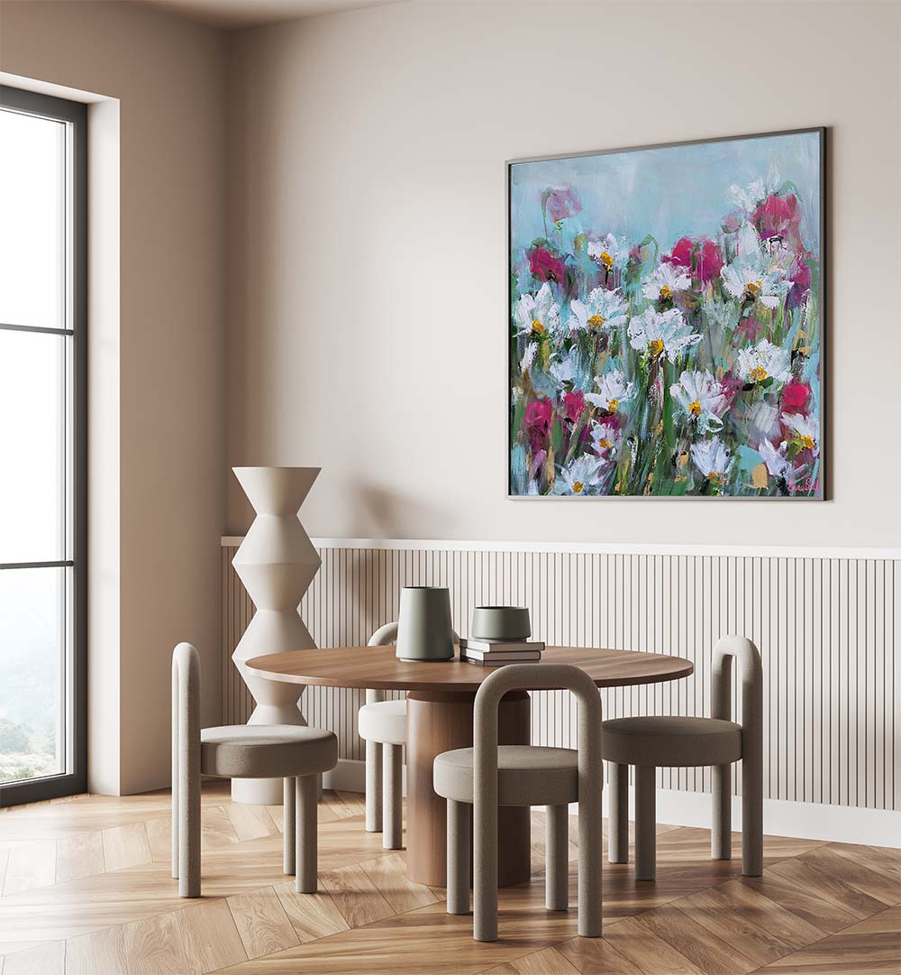 Bright and vibrant WHITE DAISIES AND PINK BLOSSOMS, FLORAL FLOWER PAINTINGS enhance any serene interior space.