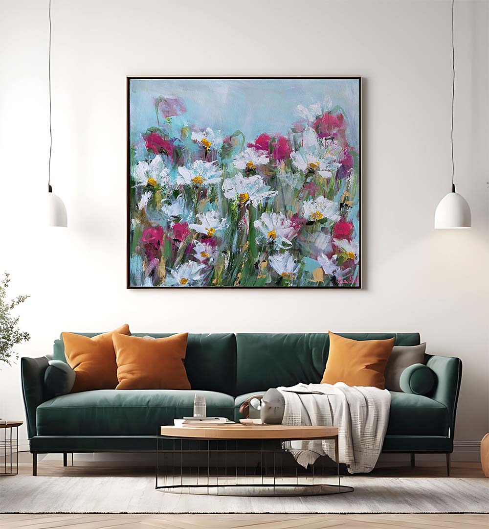 Brighten your decor with WHITE DAISIES AND PINK BLOSSOMS, FLORAL FLOWER PAINTINGS for a serene botanical retreat.