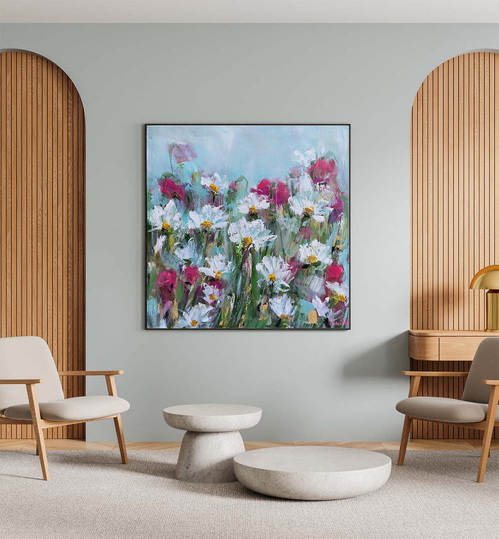 Bright and colorful WHITE DAISIES AND PINK BLOSSOMS, FLORAL FLOWER PAINTINGS enhance any serene space beautifully.