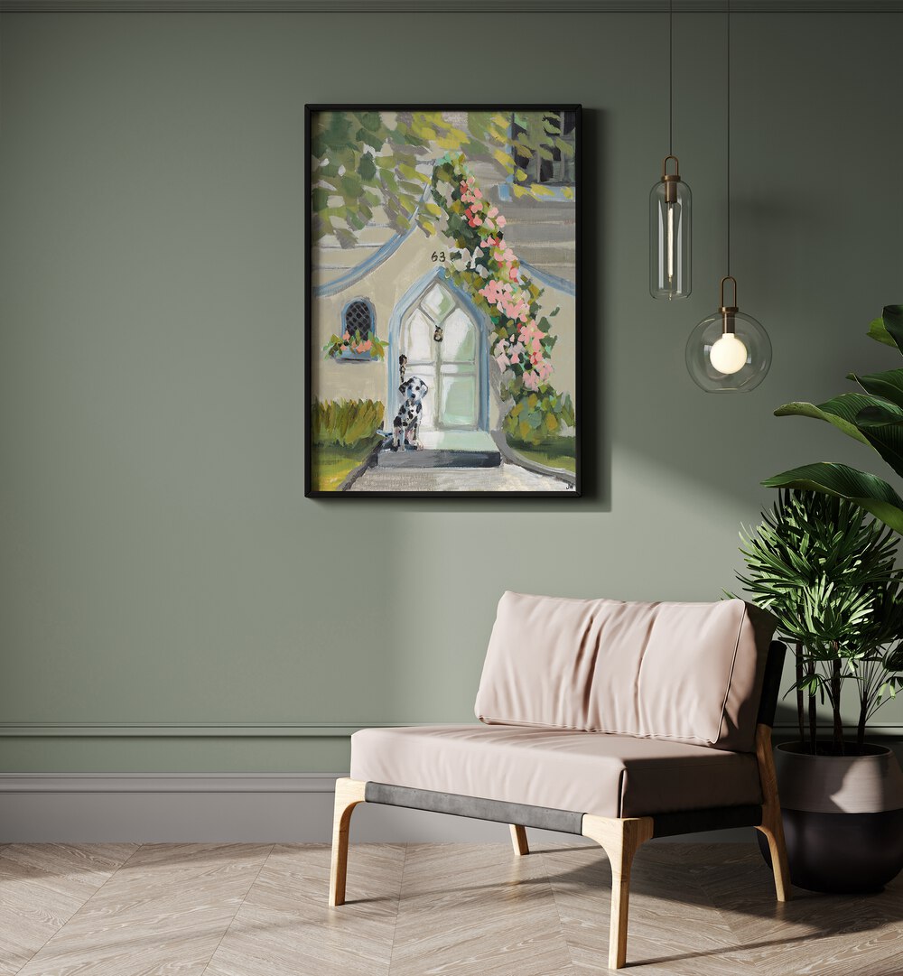 Delightful WHITE DOOR, FLORAL FLOWER PAINTINGS enhancing a stylish interior with vibrant botanical art.