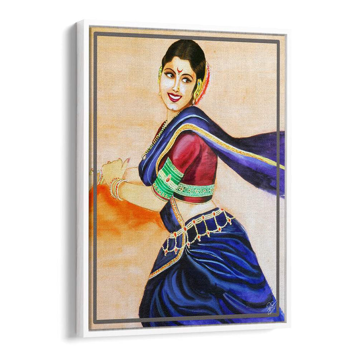 Smiling woman in vibrant attire showcases joy and grace in RHYTHM OF BEAUTY, INDIAN ART PAINTINGS. Perfect for any decor.