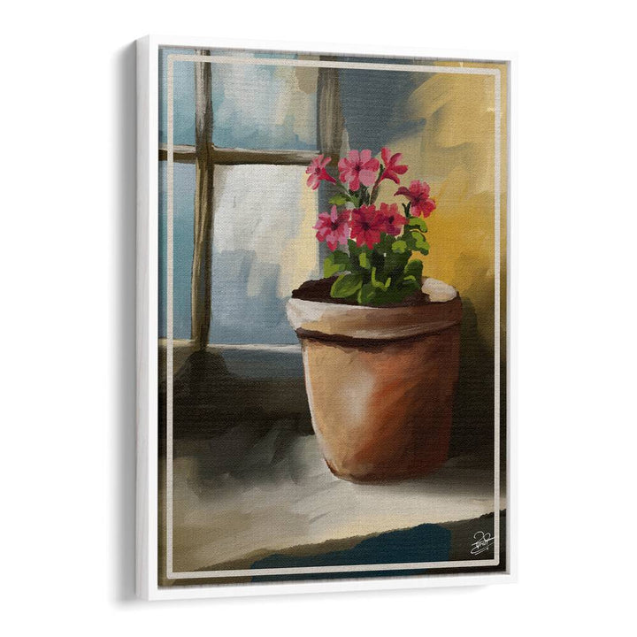 BLOOM BY THE WINDOW, INDIAN ART PAINTINGS showcases vibrant flowers in a peaceful windowsill setting.