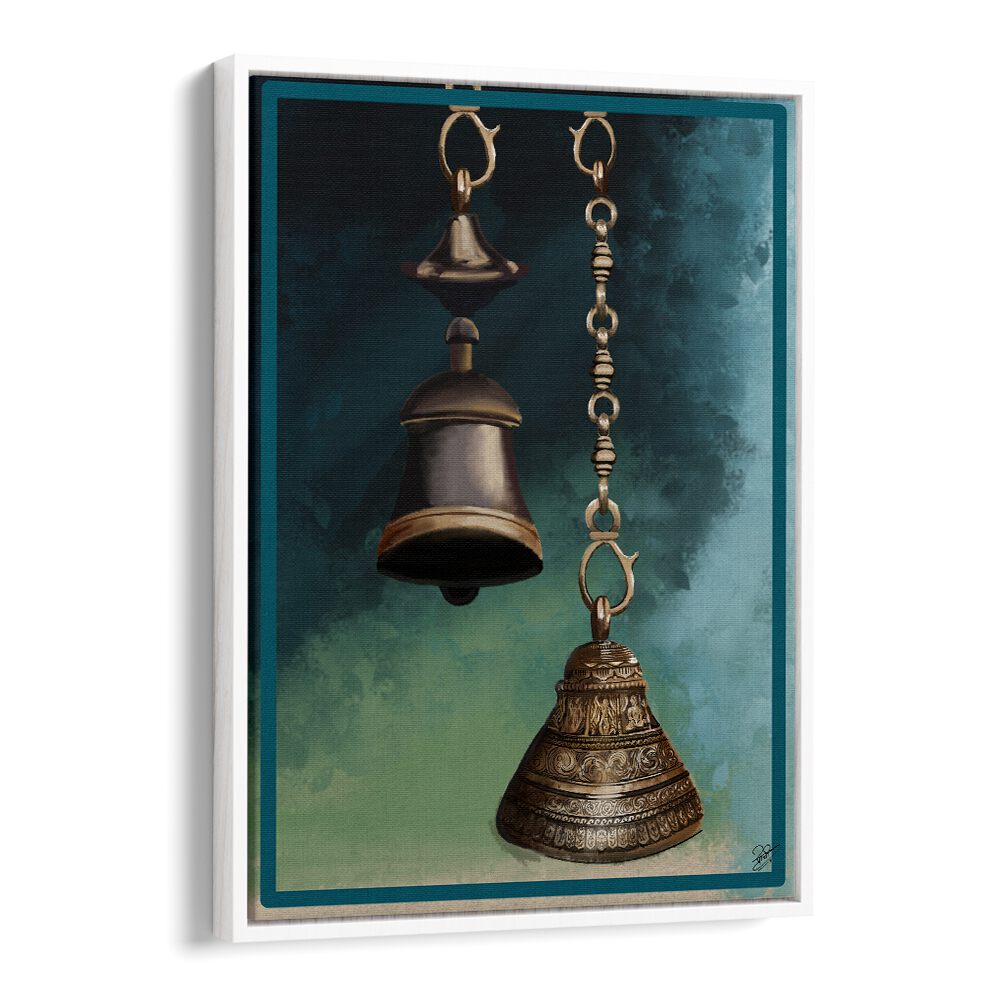 Elegant depiction of brass bells in THE HARMONY, INDIAN ART PAINTINGS, showcasing intricate realism and texture.