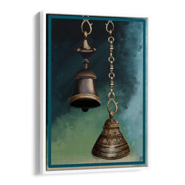 Elegant depiction of brass bells in THE HARMONY, INDIAN ART PAINTINGS, showcasing intricate realism and texture.