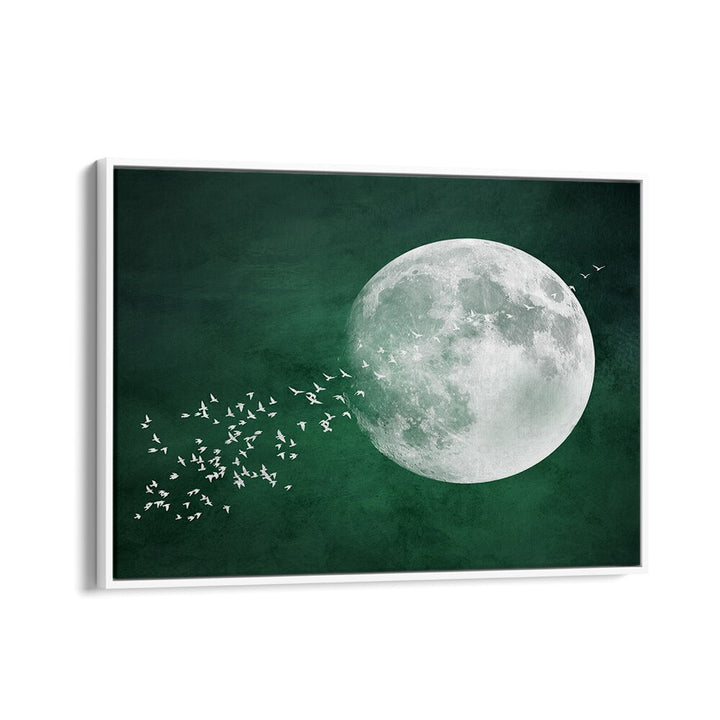 Stunning EMERALD MOON , LANDSCAPE PAINTINGS artwork featuring a luminous moon and serene green background. Perfect for any space.