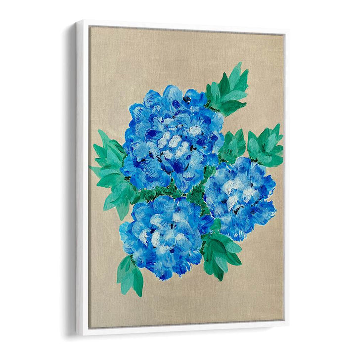 Bright blue hydrangeas in elegant floral flower paintings, perfect for enhancing any living space. HYDRANGEA, FLORAL FLOWER PAINTINGS.