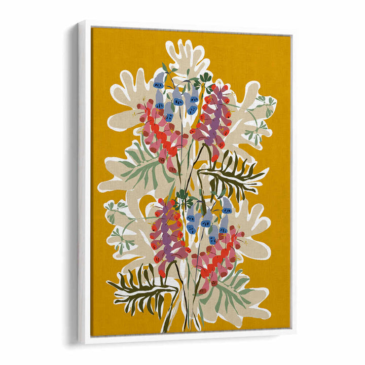 Bright yellow background featuring vibrant FOXGLOVE DÉCOUPE PAPIER, FLORAL FLOWER PAINTINGS for a stunning decor accent.