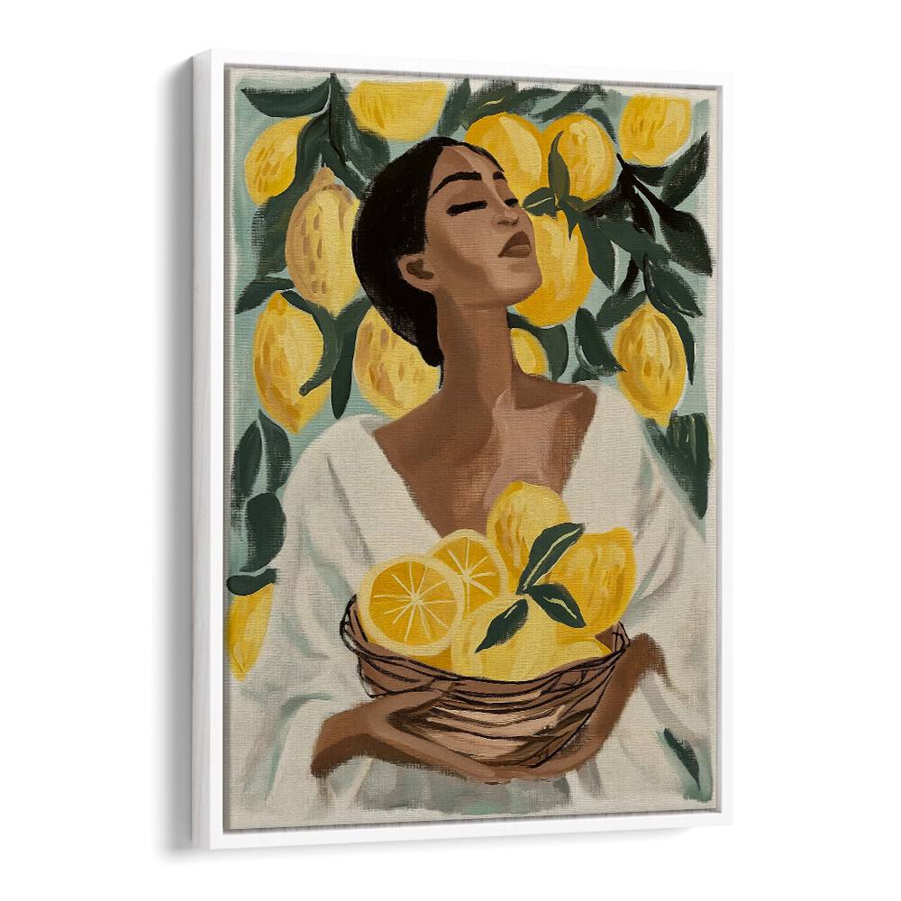 Brighten your space with LEMON TREE, PORTRAITS art print featuring a woman surrounded by vibrant lemons.