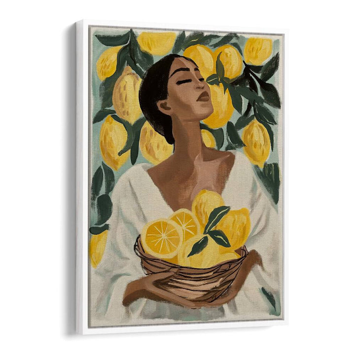 Brighten your space with LEMON TREE, PORTRAITS art print featuring a woman surrounded by vibrant lemons.