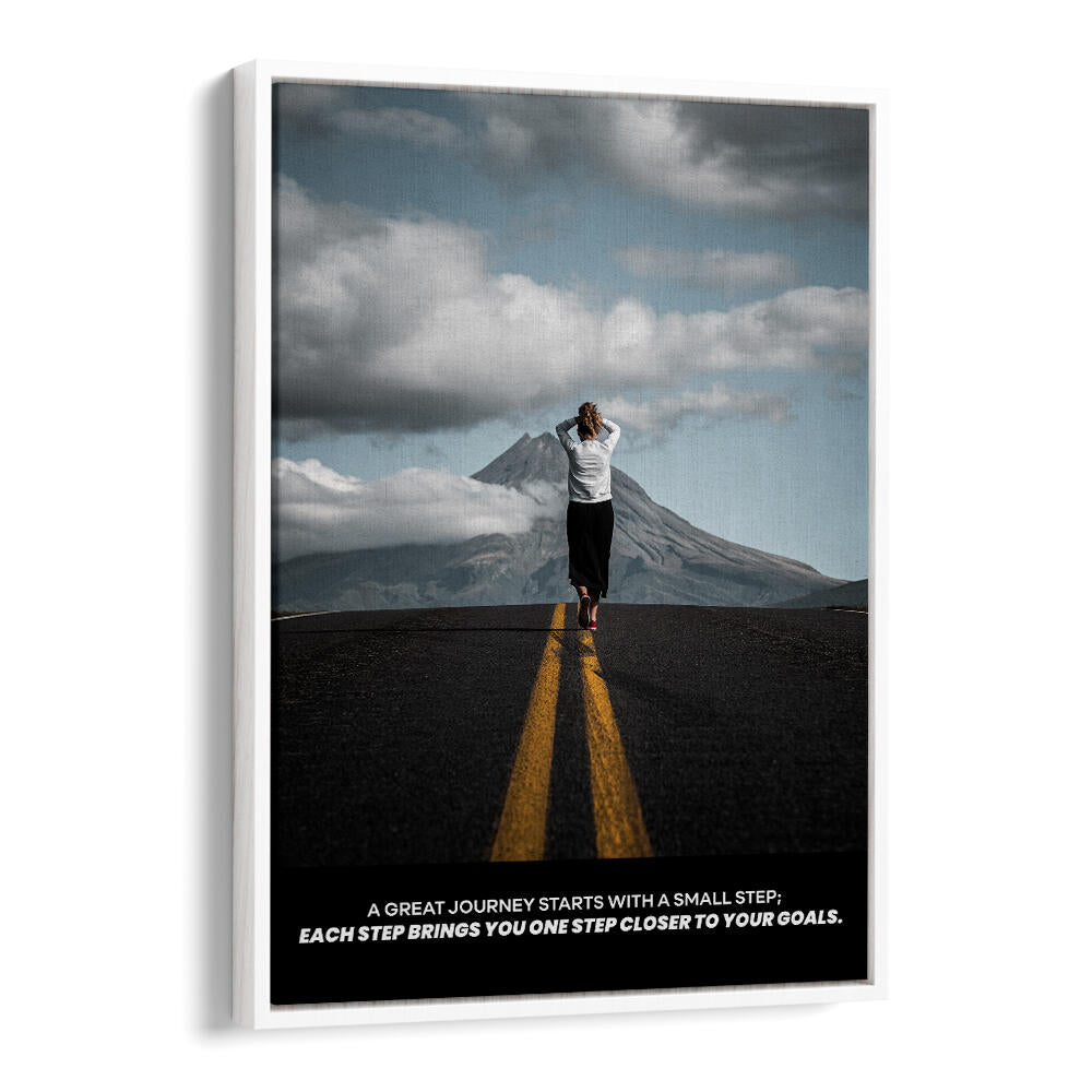 Whitefloater SMALL STEPS , QUOTES poster: a person walking down a road toward mountains with motivational typography.