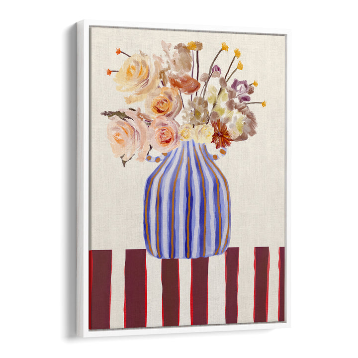 Vibrant STILL LIFE WITH FLOWERS I, FLORAL FLOWER PAINTINGS, features a beautiful striped vase with colorful blooms.