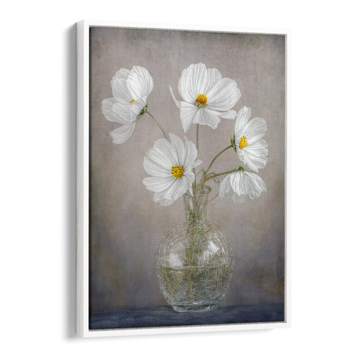 Elegant SIMPLY COSMOS, FLORAL FLOWER PAINTINGS showcasing white flowers in a stylish vase, perfect for any decor.