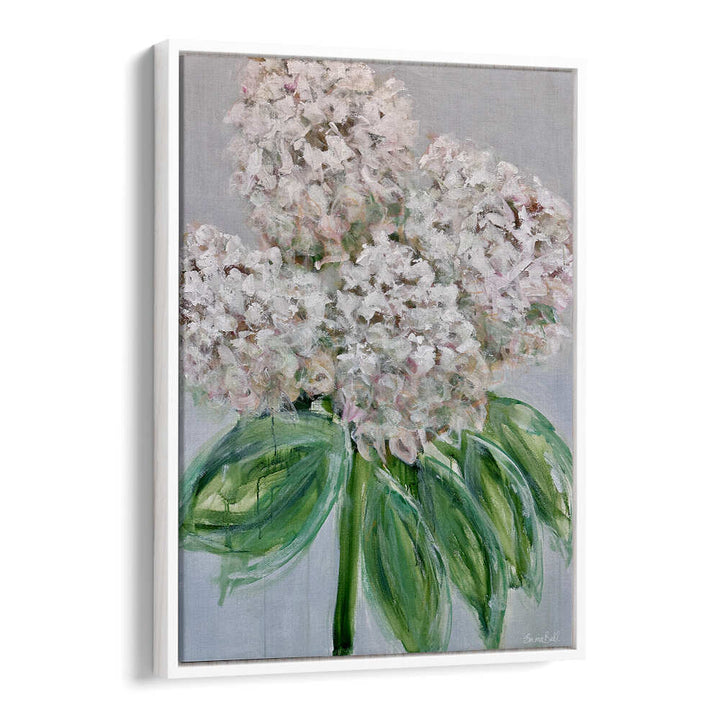 Elegant WHITE HYDRANGEA BLOOM, FLORAL FLOWER PAINTINGS showcasing delicate brushstrokes, perfect for home decor.