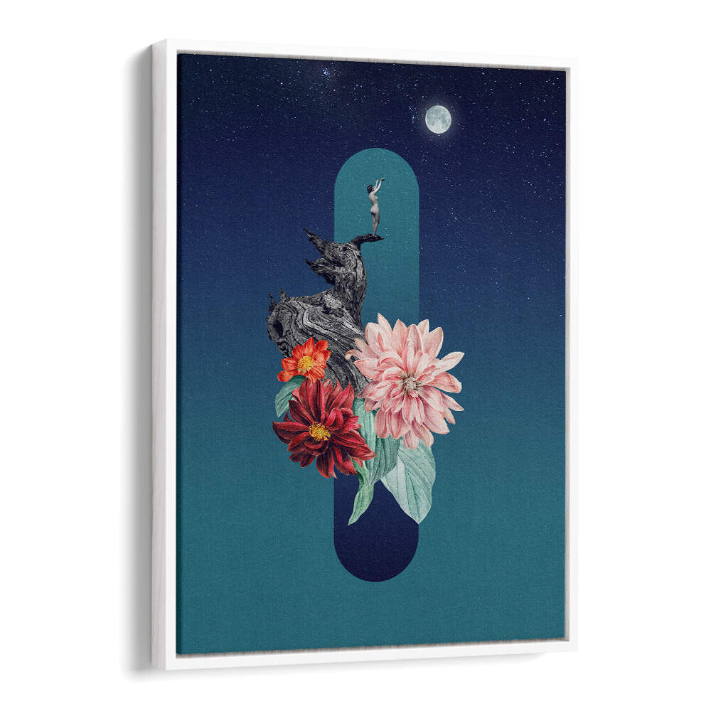 Surreal art print featuring a full moon, flowers, and a dancer, perfect for any art lover's collection. FULL MOON, SURREAL ART PRINTS.
