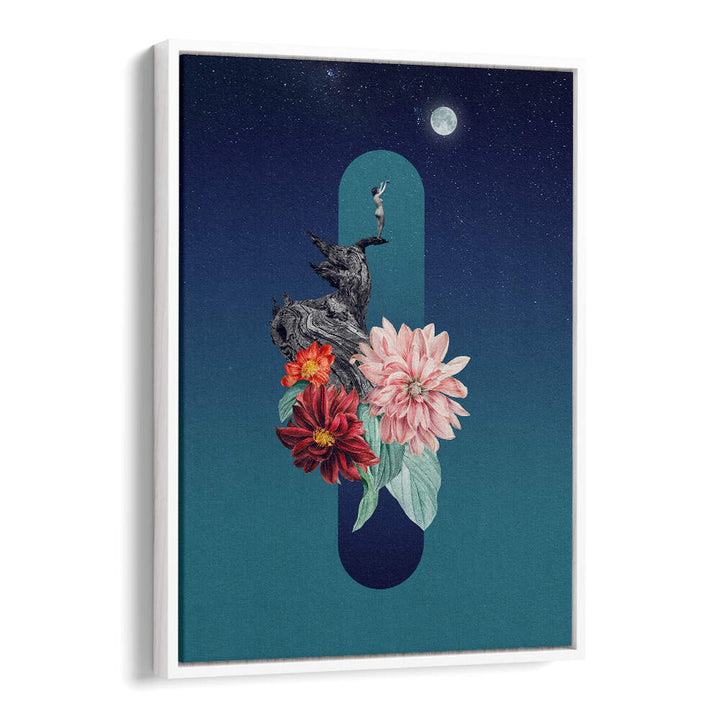 Surreal art print featuring a full moon, flowers, and a dancer, perfect for any art lover's collection. FULL MOON, SURREAL ART PRINTS.