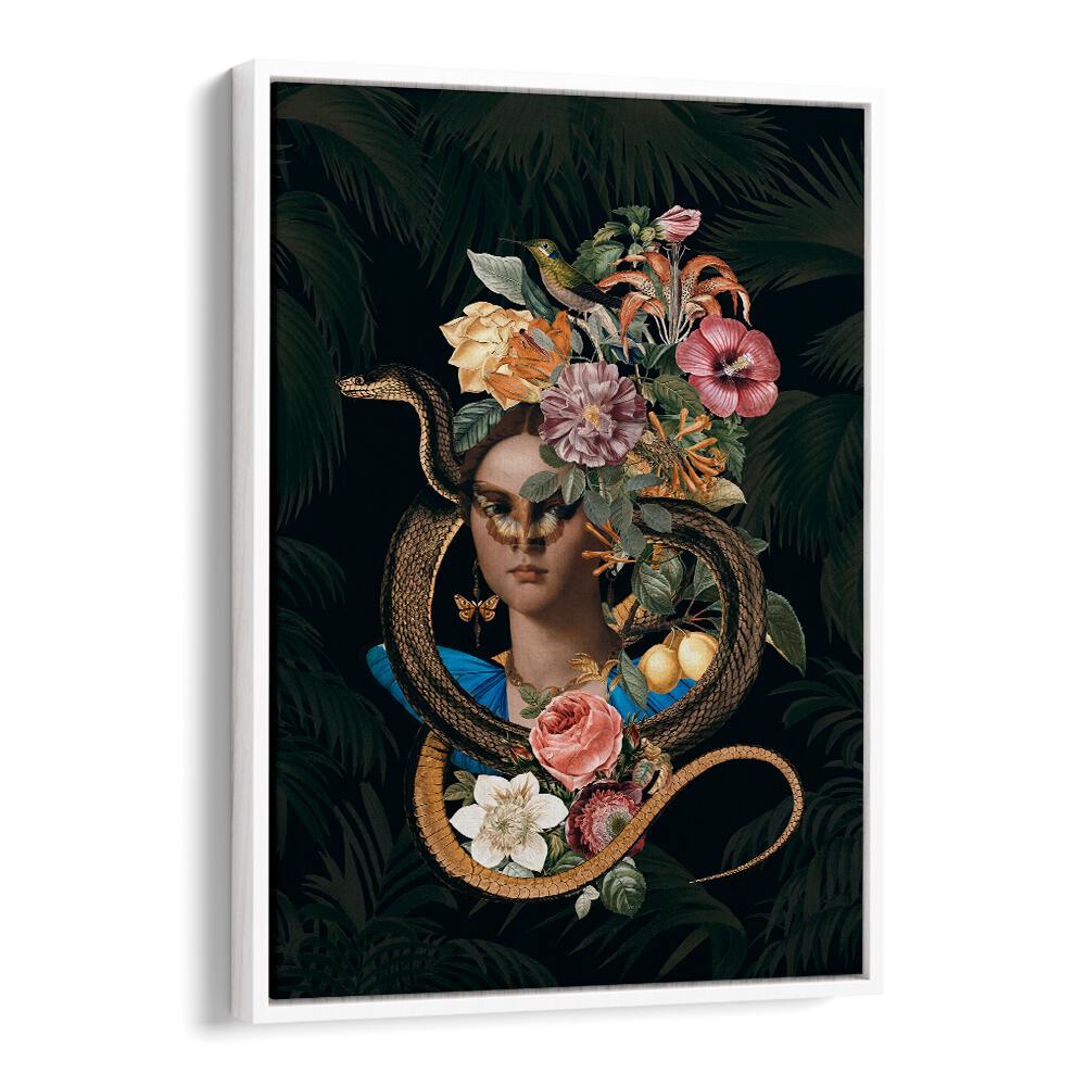 Captivating SNAKE PRINCESS, ALTERED ART PRINTS by Andrea Haase, blending fantasy with elegance and vibrant florals.