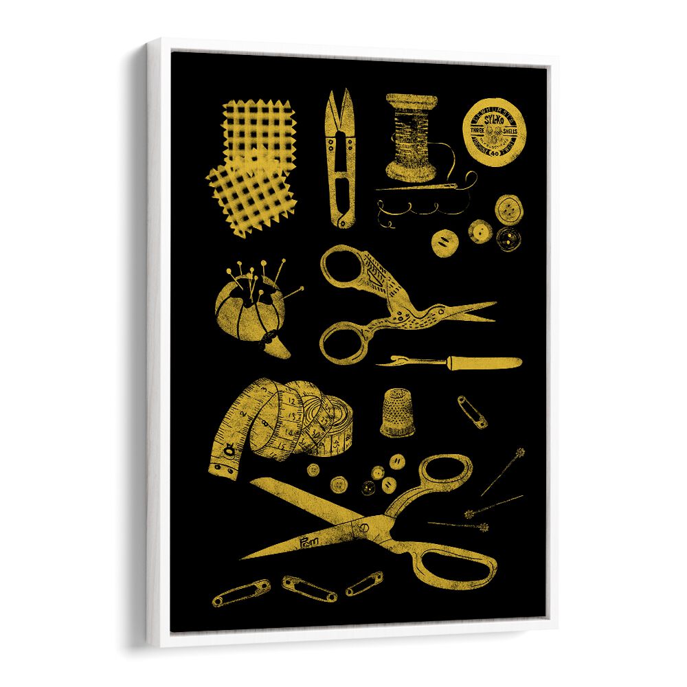 HABERDASHERY BLACK AND GOLD, FASHION POSTERS showcase stylish sewing tools and accessories on a striking black background.