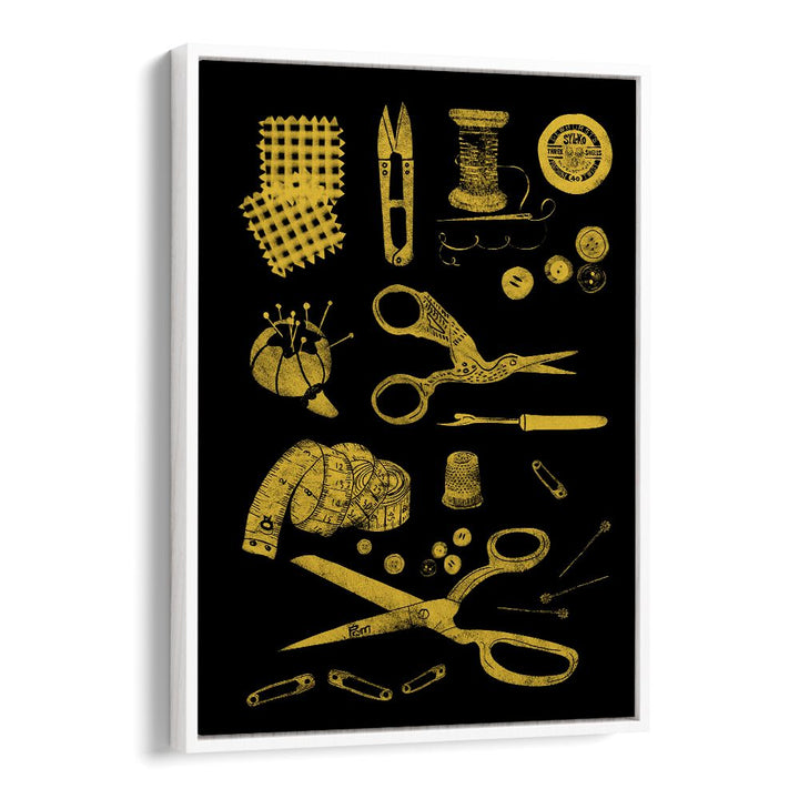 HABERDASHERY BLACK AND GOLD, FASHION POSTERS showcase stylish sewing tools and accessories on a striking black background.