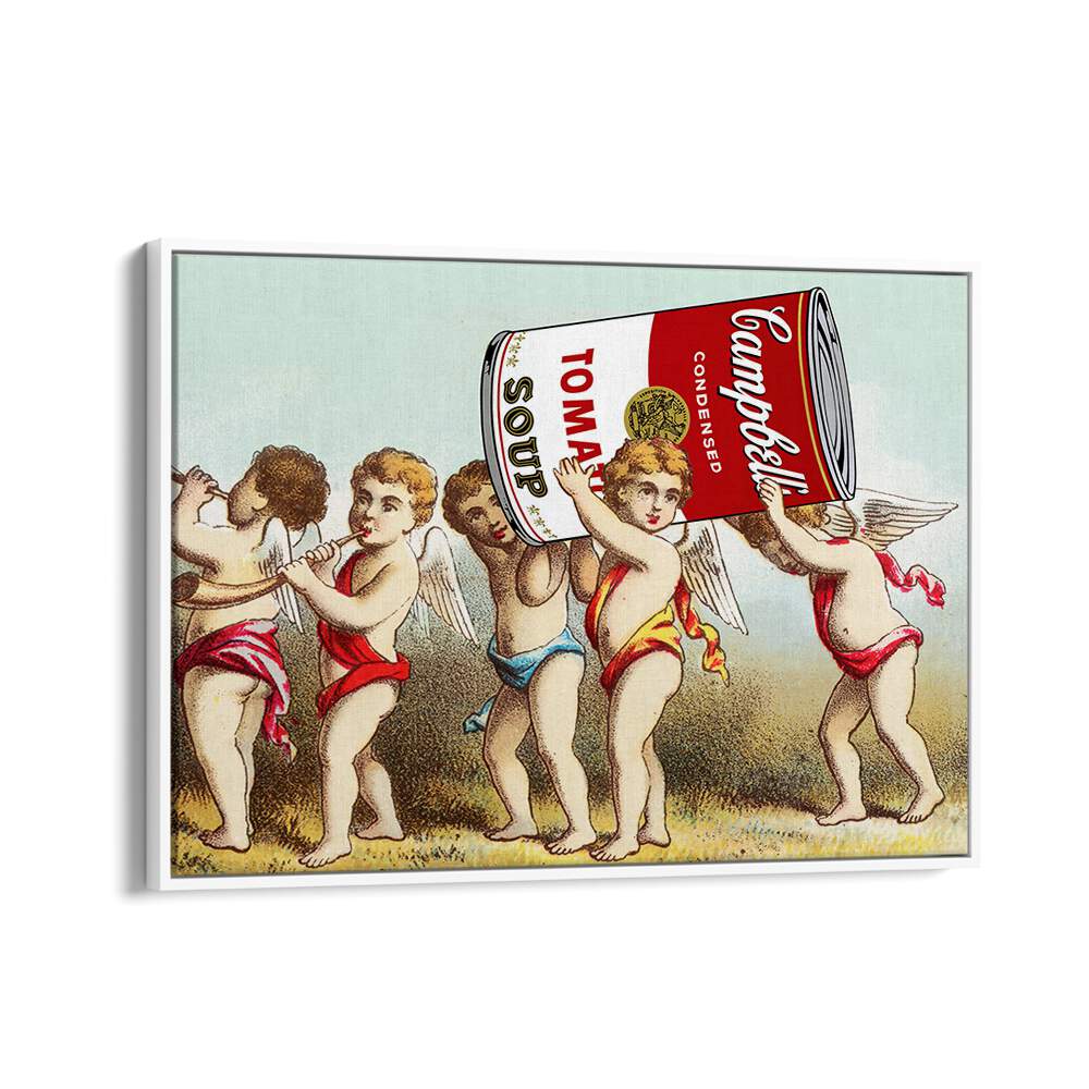 Whimsical WE HAVE A SNACK, ALTERED ART PRINTS by Dikhotomy featuring cherubs with a soup can, perfect for art lovers.