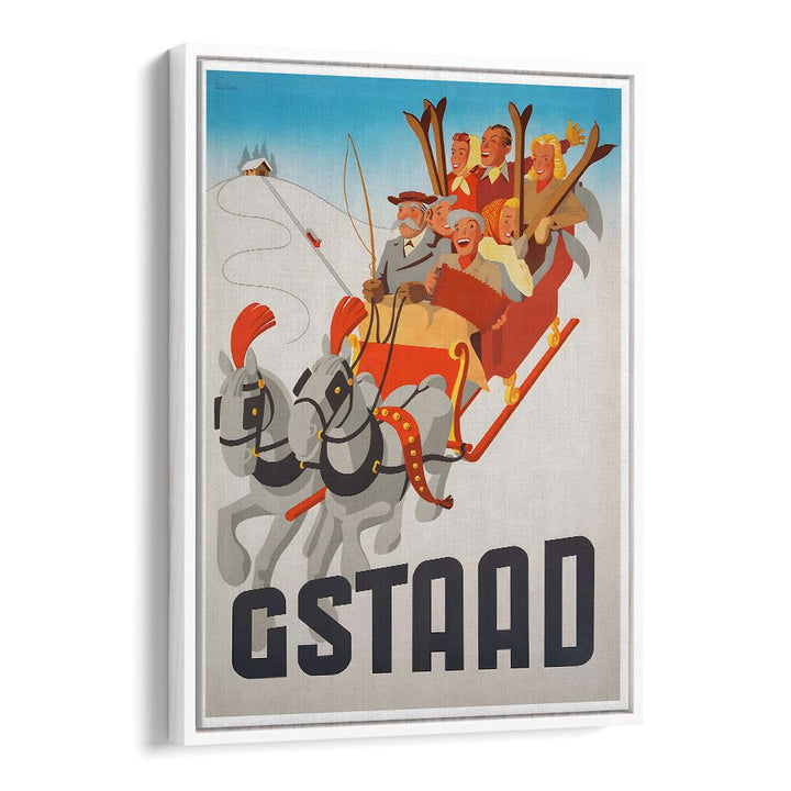 GSTAAD, VINTAGE TRAVEL POSTERS showcase joyful travelers in a classic sleigh ride through the Swiss Alps. Perfect decor!