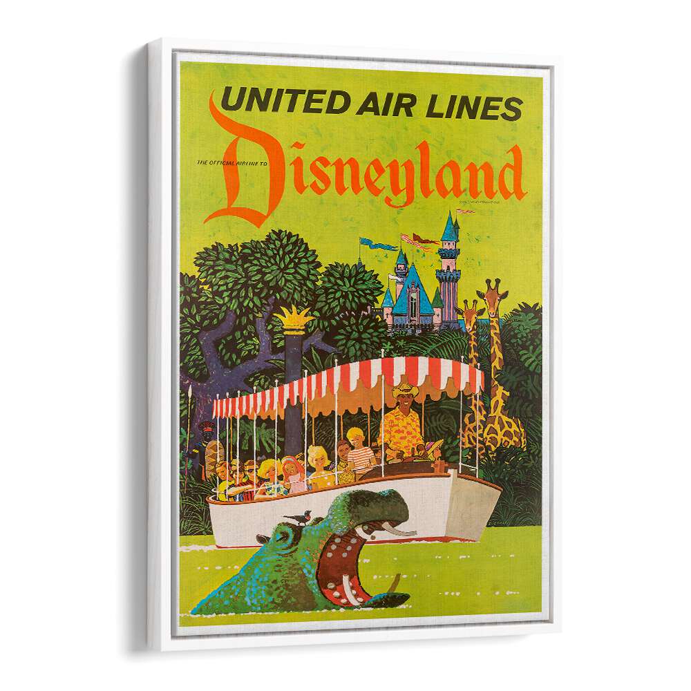 Colorful Disneyland vintage travel poster featuring a scenic boat ride, perfect for nostalgic home decor.