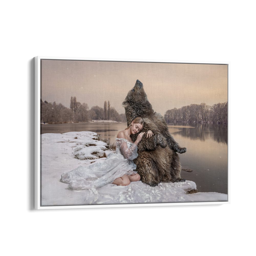 CUDDLING BEAR, PHOTOGRAPHY PRINTS showcase a whimsical scene of a girl and bear in a serene winter landscape.