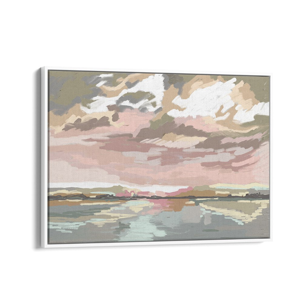 Serene landscape painting titled SINGING SKIES, capturing tranquil skies and reflections, perfect for your space.
