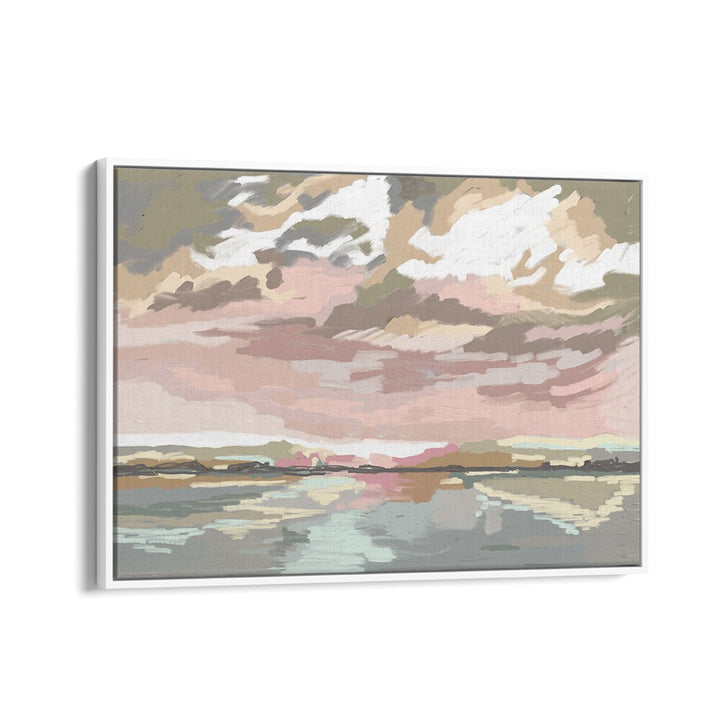 Serene landscape painting titled SINGING SKIES, capturing tranquil skies and reflections, perfect for your space.