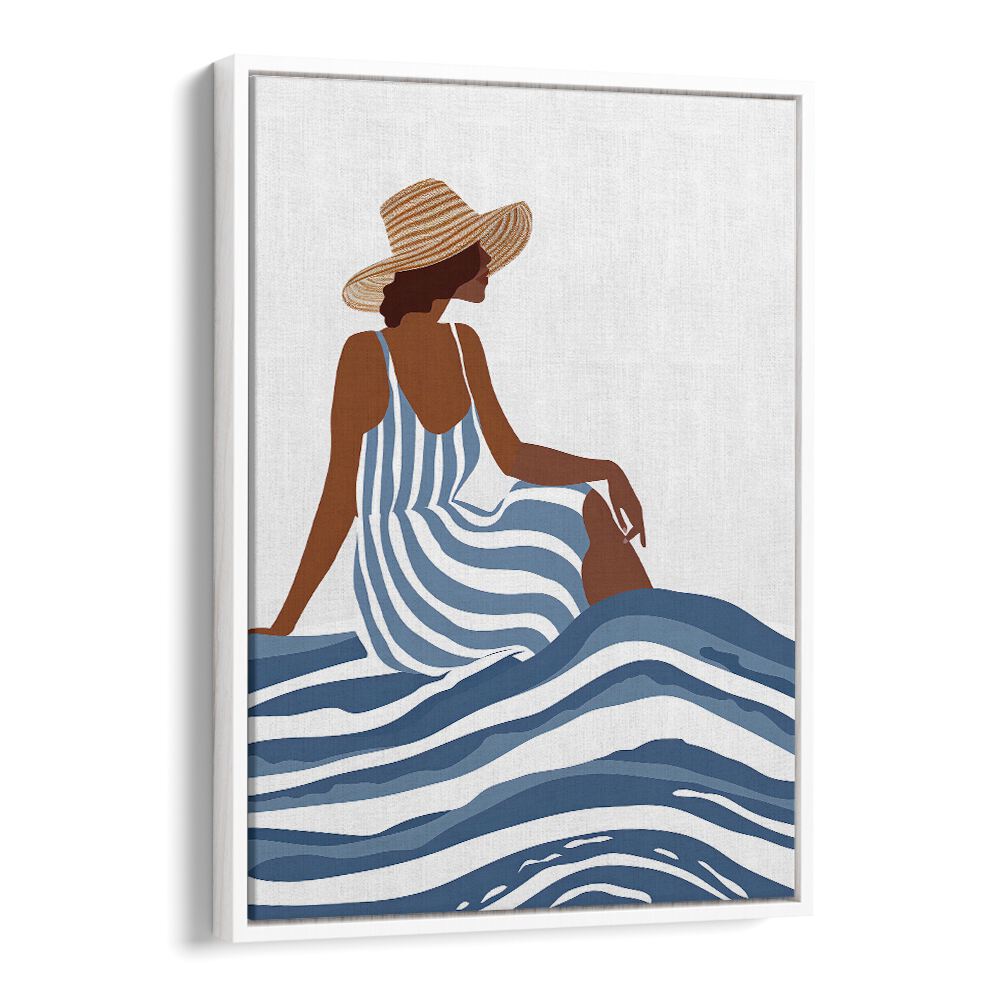 A stylish girl in a striped dress sits by waves, showcasing the elegance of GIRL IN STRIPED DRESS, PORTRAITS.