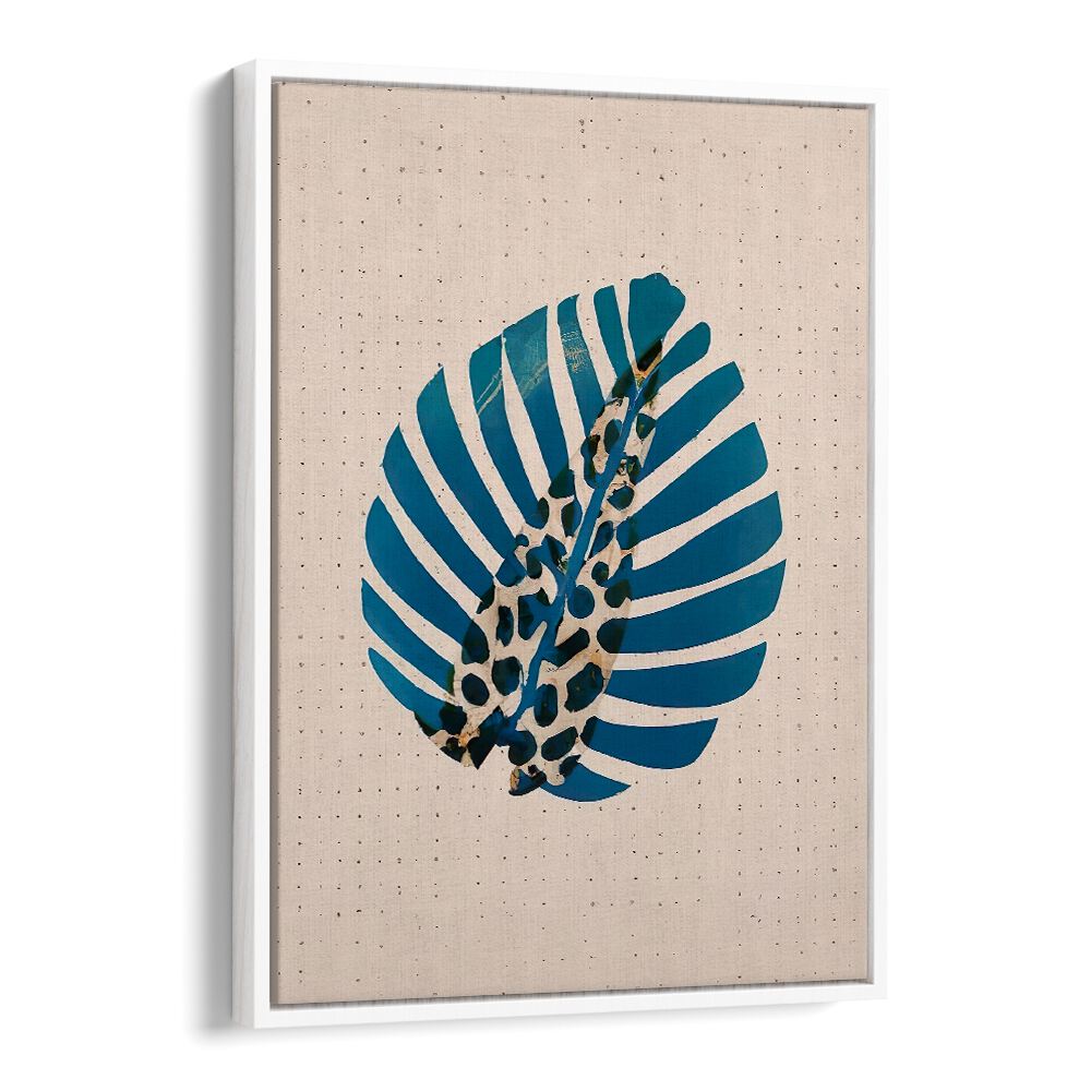 LEOPALM , FLORAL FLOWER PAINTINGS featuring a bold blue tropical leaf with leopard print accents on textured canvas
