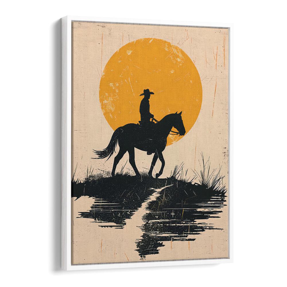 Captivating COWBOY IN THE SUNSET artwork, showcasing a lone cowboy against a stunning sunset backdrop. Perfect for your decor.