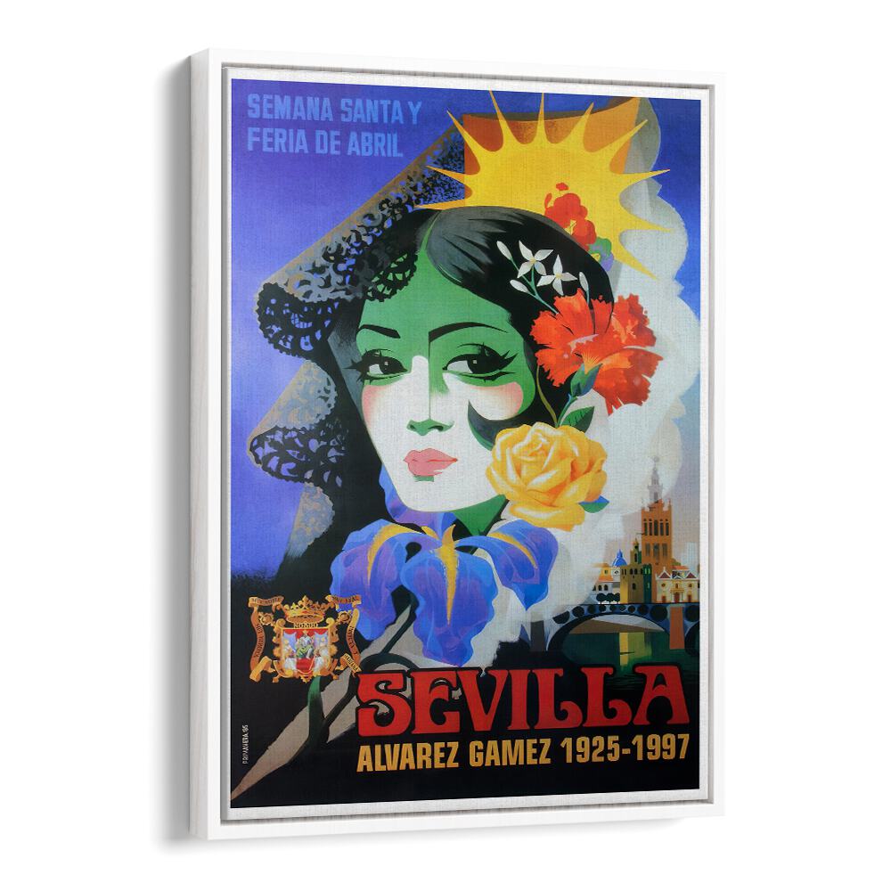 Colorful SEVILLA, VINTAGE TRAVEL POSTERS featuring a vibrant woman and iconic city elements, perfect for home decor.