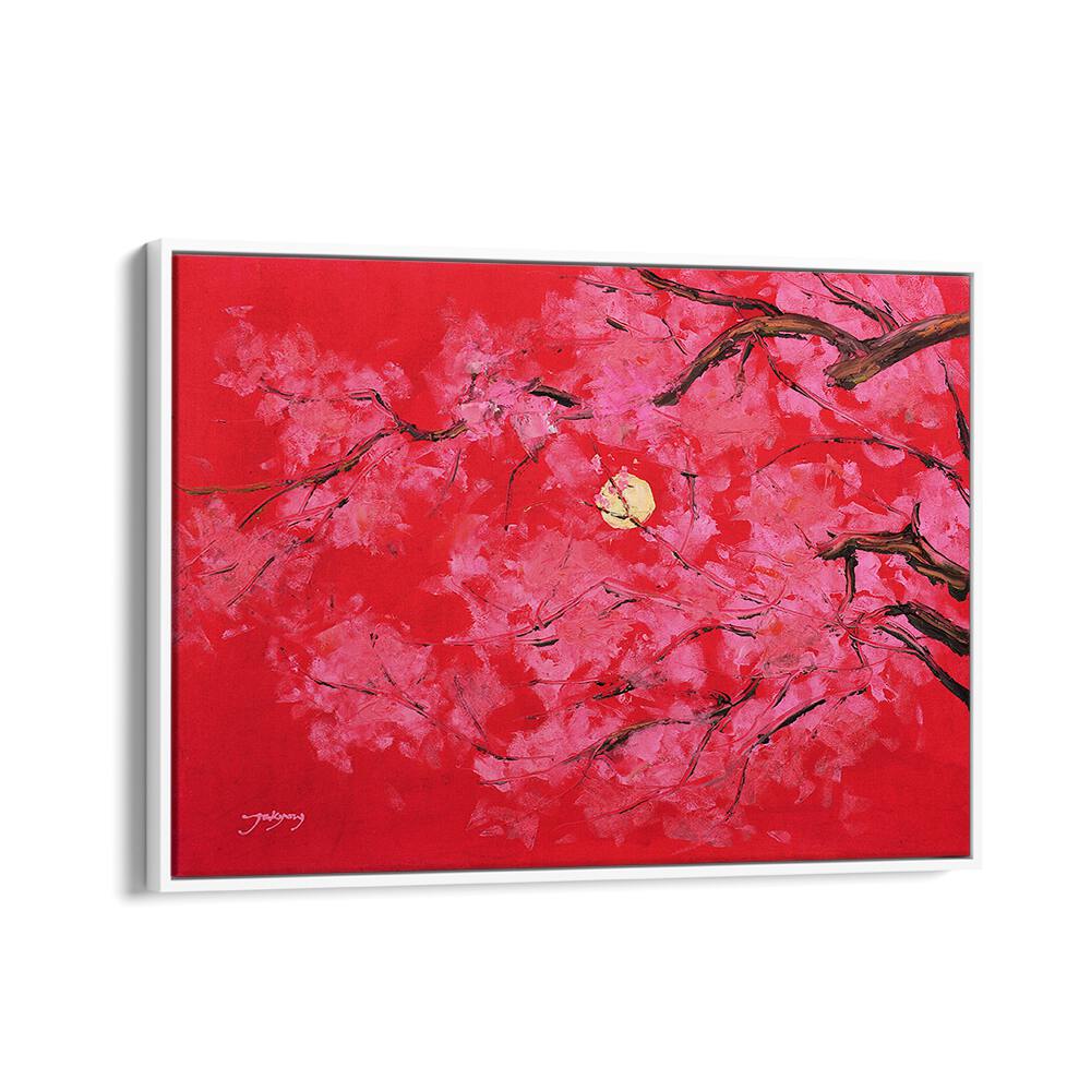 Vibrant REDMOON, FLORAL FLOWER PAINTINGS showcase pink blossoms against a striking red background, perfect for any decor.