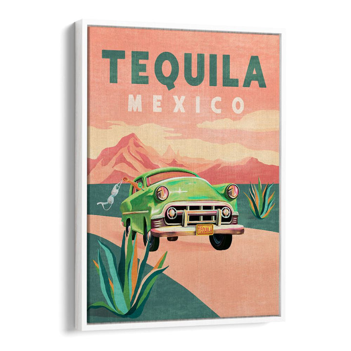 Vibrant TEQUILA MEXICO, TRAVEL POSTERS featuring a classic car against a stunning desert backdrop. Perfect for decor!