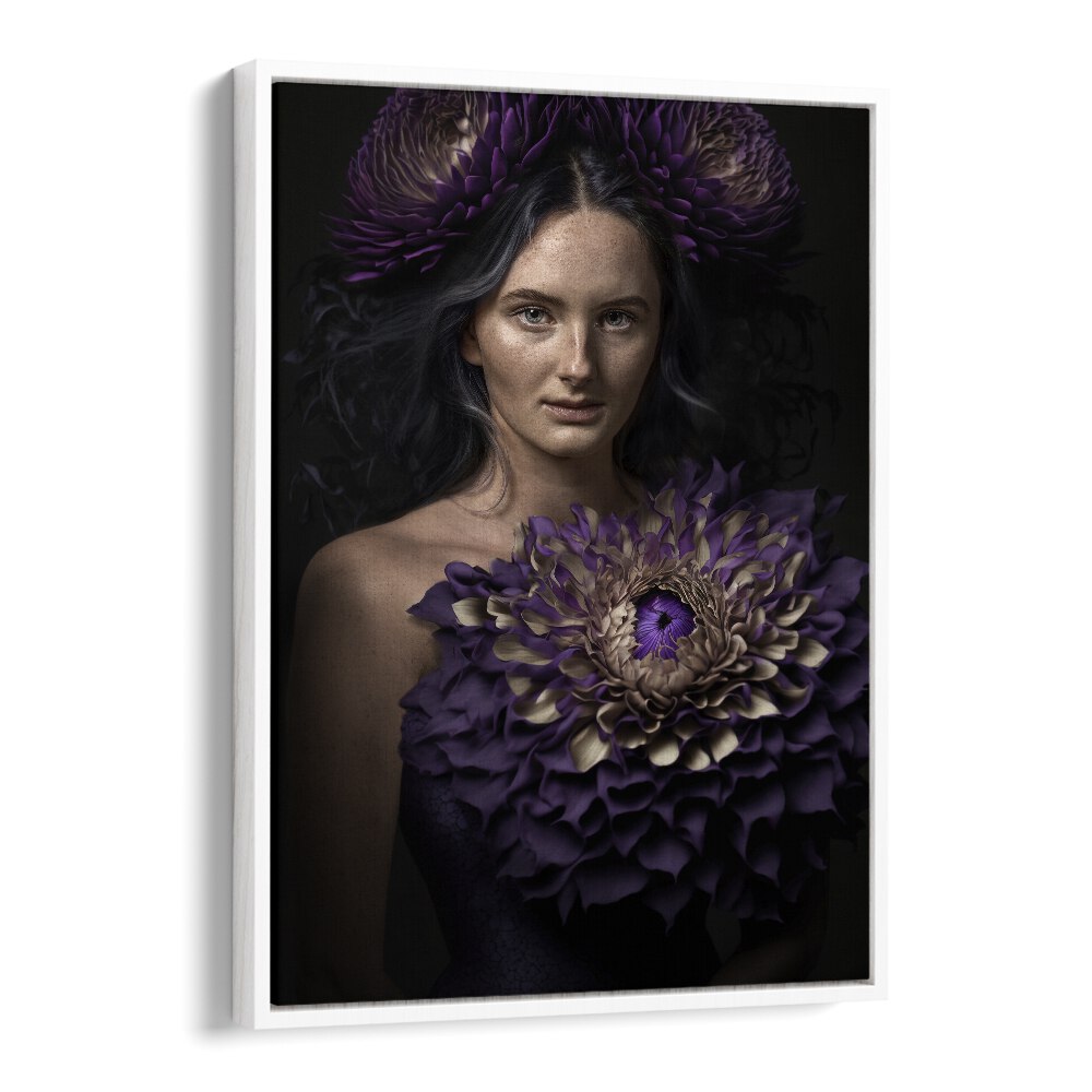Surreal PURPLE HEART photography prints featuring a woman adorned with vibrant purple flowers, perfect for art lovers.