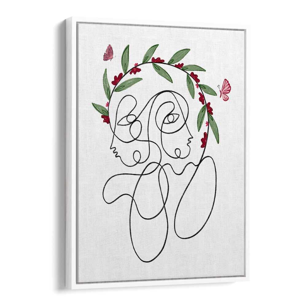 Elegant BLOSSOMING CONNECTION, LINE ART PAINTINGS showcase intertwined faces with floral accents, perfect for modern décor.