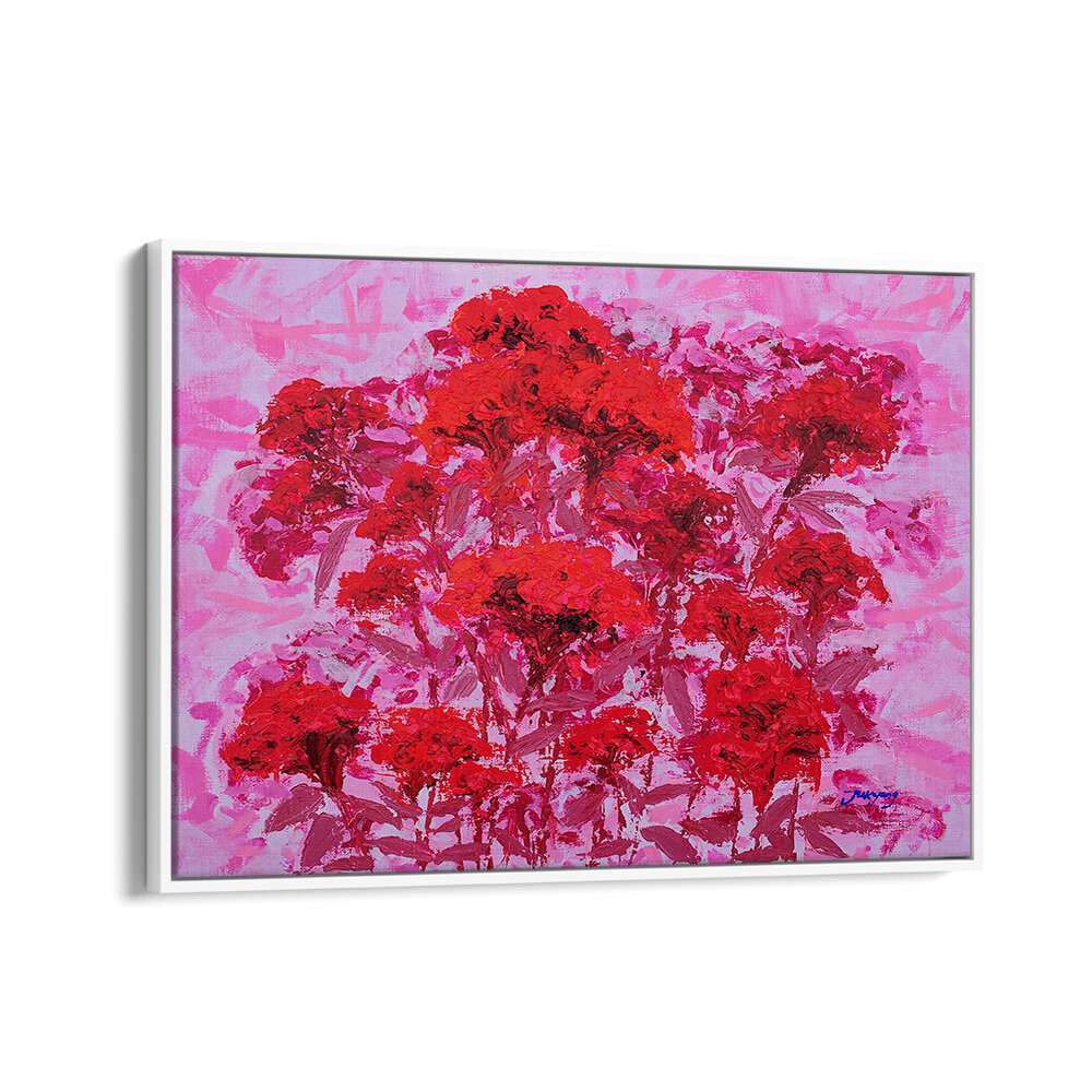 Vibrant COCKSCOMB CANVAS, FLORAL FLOWER PAINTINGS showcase bold red flowers against a soft pink background.