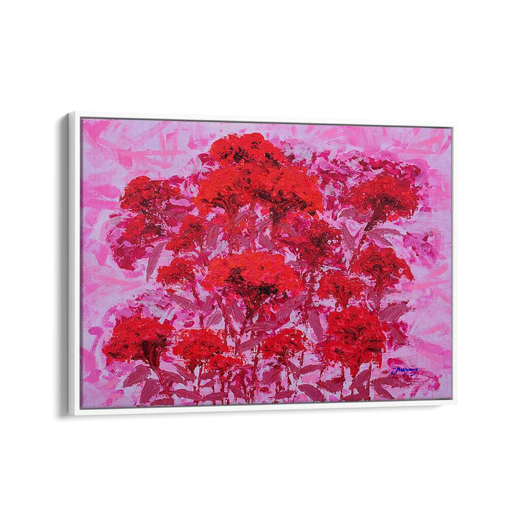 Vibrant COCKSCOMB CANVAS, FLORAL FLOWER PAINTINGS showcase bold red flowers against a soft pink background.