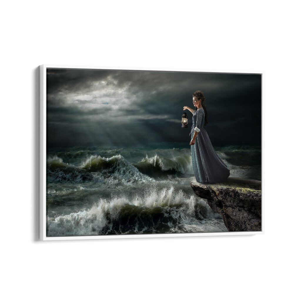 STORM MAID, PHOTOGRAPHY PRINTS showcase a woman with a lantern against dramatic ocean waves, capturing surreal beauty.