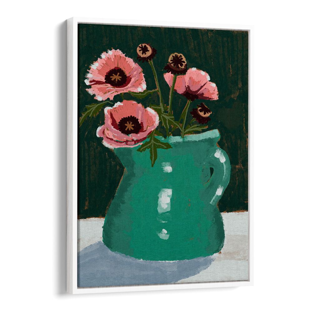 Bright and vibrant LITTLE GREEN JUG WITH POPPIES, FLORAL FLOWER PAINTINGS, perfect for any art lover's home decor.