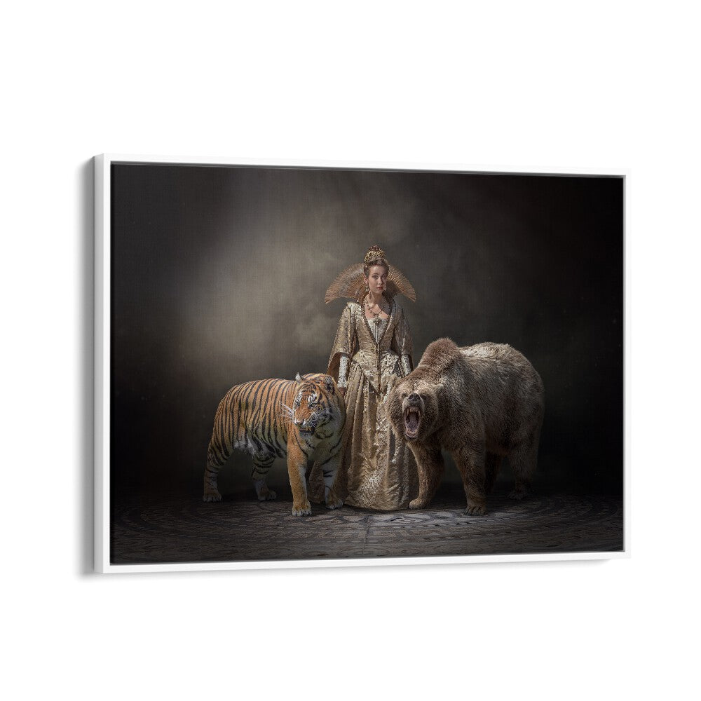 Surreal PRINCESS BEASTS , PHOTOGRAPHY PRINTS featuring a regal woman with a tiger and bear, capturing fantasy enchantment.